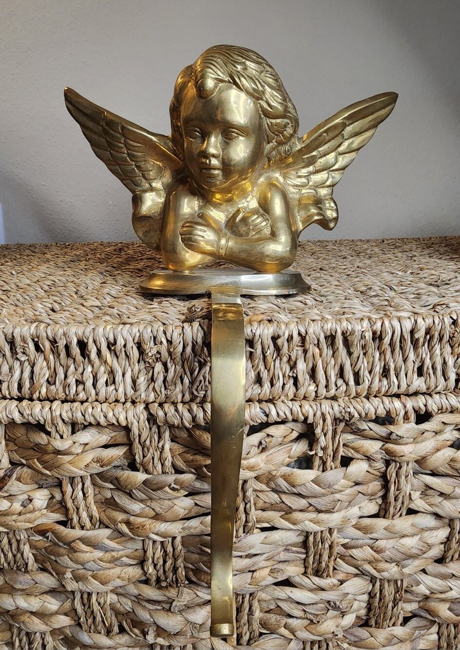 Vintage Large Heavy Brass Cherub Christmas Stocking Holder Shelf Hanging Decor